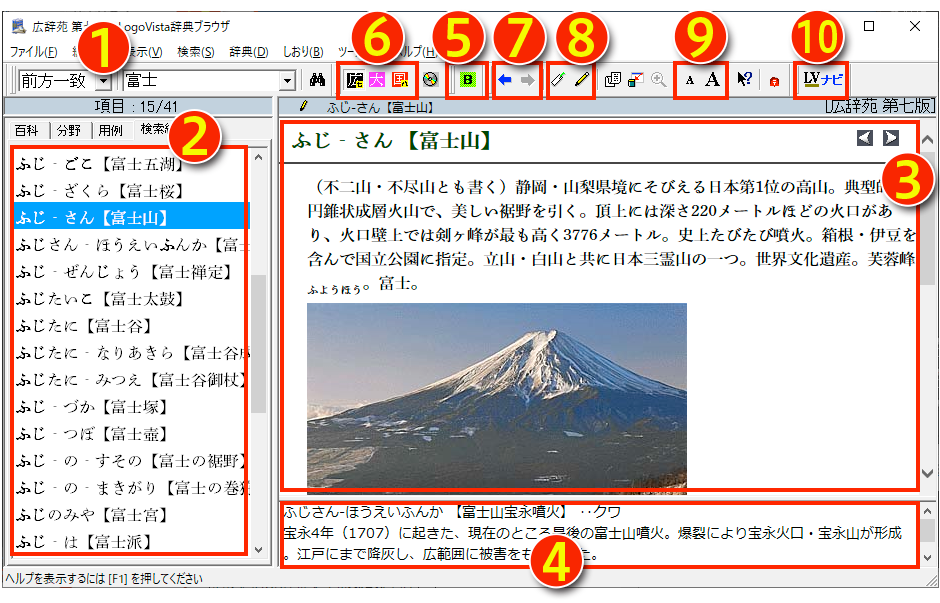 Windows版辞典ブラウザの画面表示例